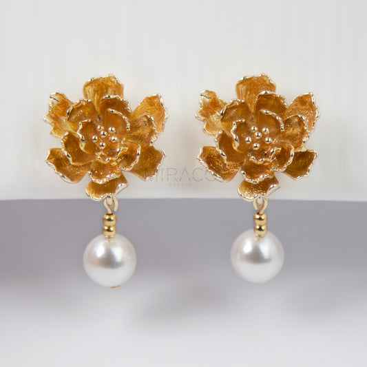 Screw Back Large Peonies Dangle Pearls Non Pierced Earrings,White Pearls Gold Flower Earrings