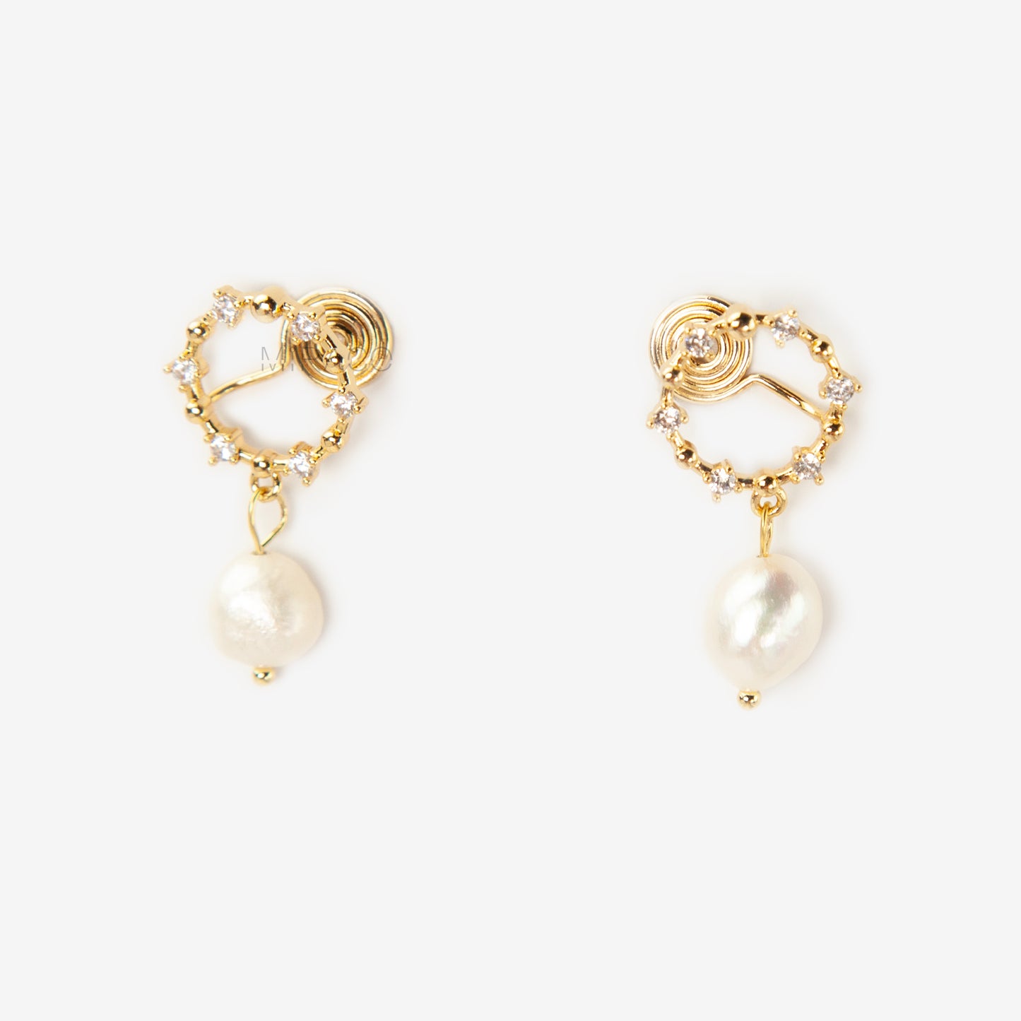 Pair of gold-plated coil back clip-on earrings featuring a wreath shape encrusted with cubic zirconia stones and a dangling white, genuine Freshwater Baroque Pearl.