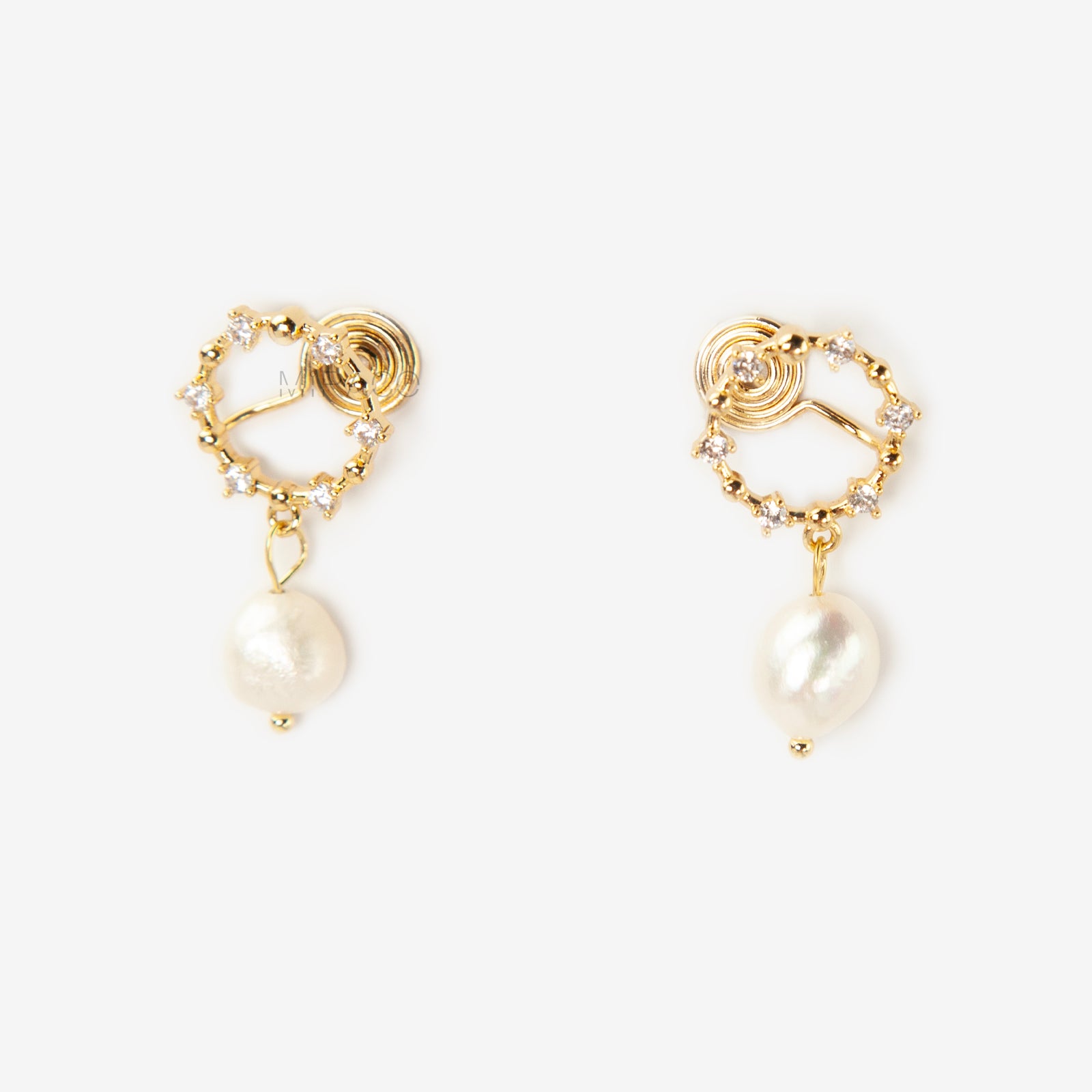 Pair of gold-plated coil back clip-on earrings featuring a wreath shape encrusted with cubic zirconia stones and a dangling white, genuine Freshwater Baroque Pearl.