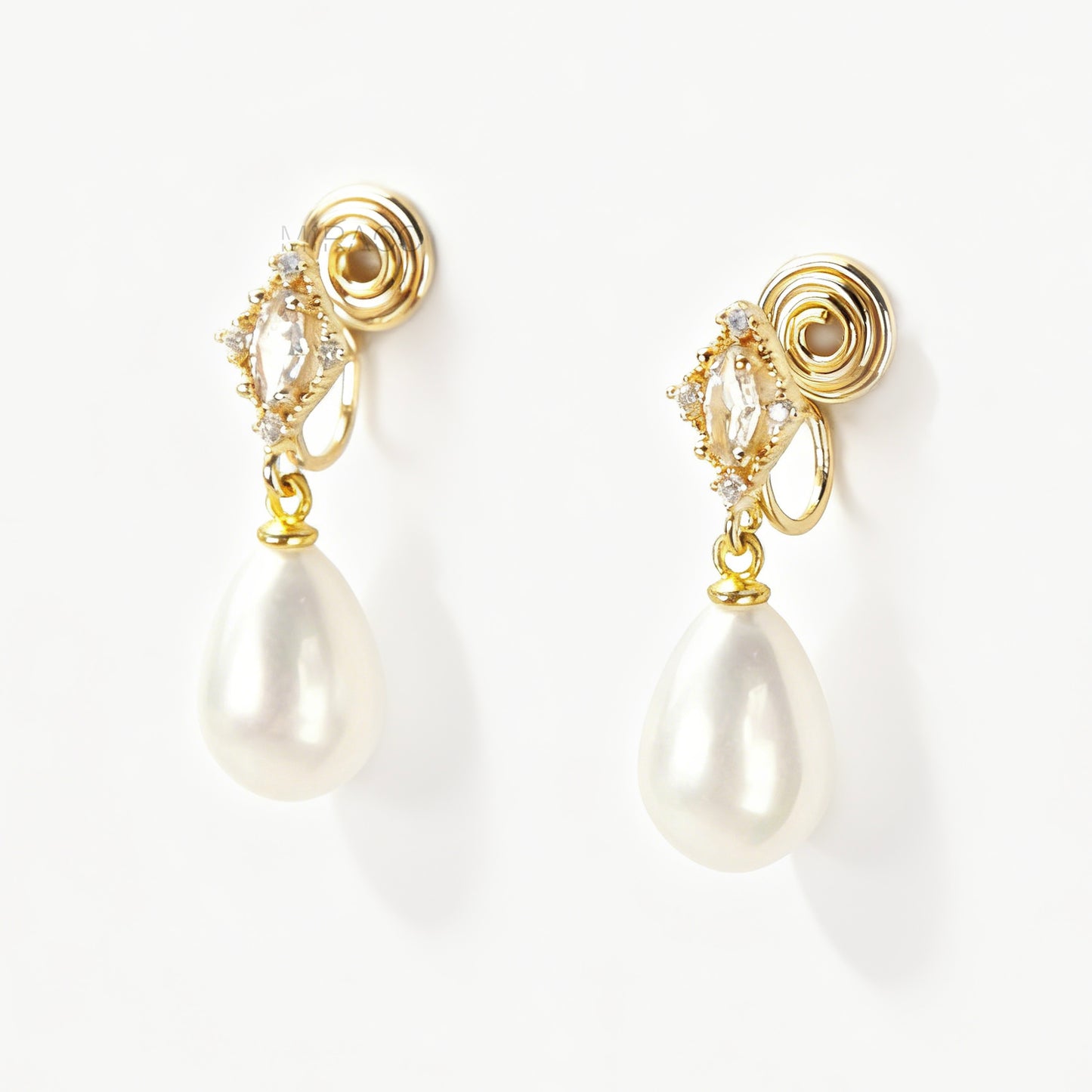 Silver or Gold Plated CZ Marquise & Pear Drop Coil Clip-On Earrings