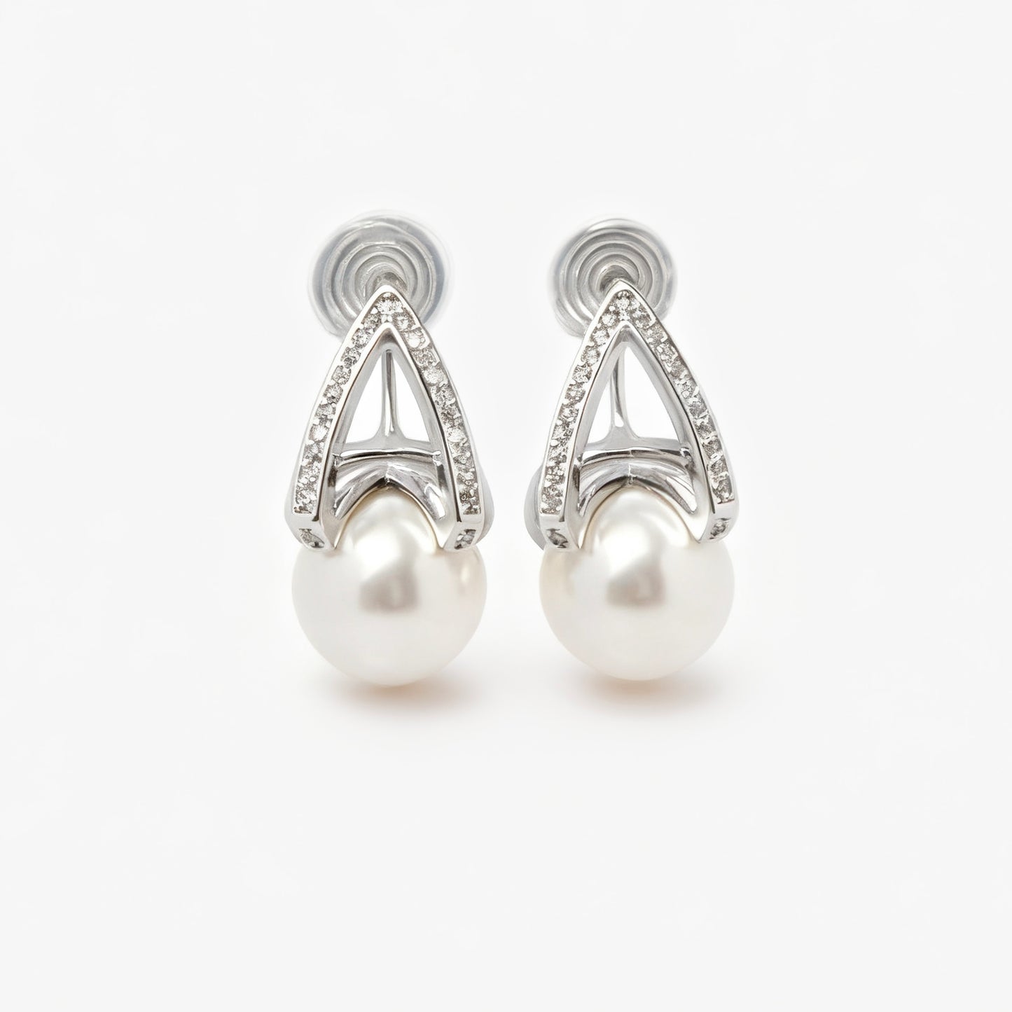 Pearls Dangle Clip On Earrings with Silver Triangle Pave Diamond, CZ Crystals Pearls Stud Earrings