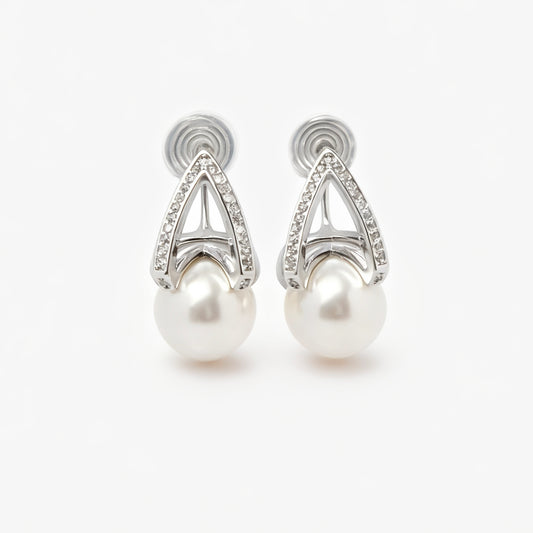 Pearls Dangle Clip On Earrings with Silver Triangle Pave Diamond, CZ Crystals Pearls Stud Earrings