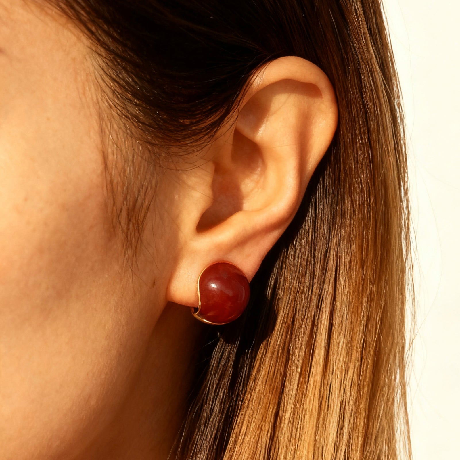 Gold Plated Burgundy Medium Ball Stud Earrings, Non-Pierced Earrings, Red Ball Stud Non Pierced Earrings, Modern Minimalist Earrings