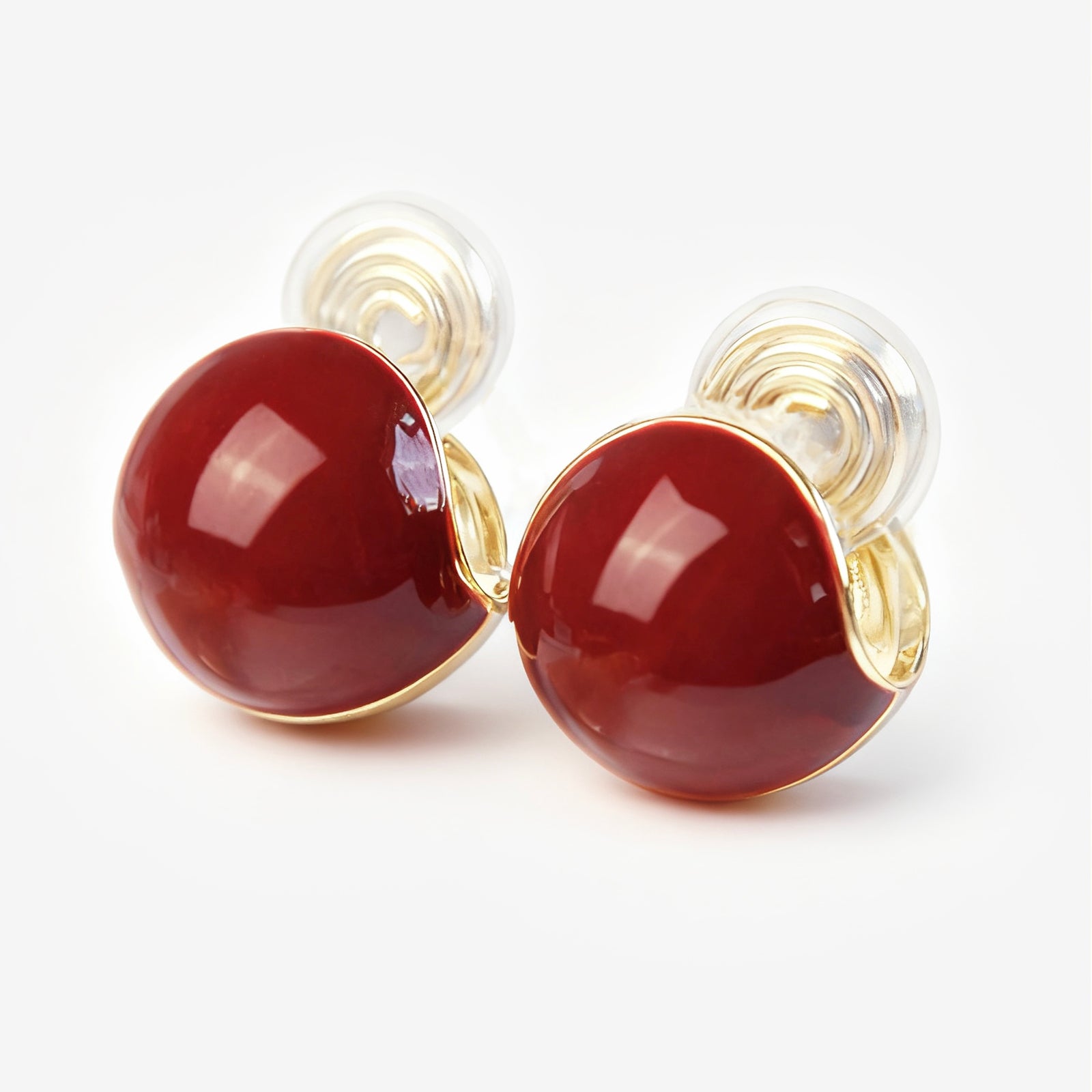 Gold Plated Burgundy Medium Ball Stud Earrings, Non-Pierced Earrings, Red Ball Stud Non Pierced Earrings, Modern Minimalist Earrings