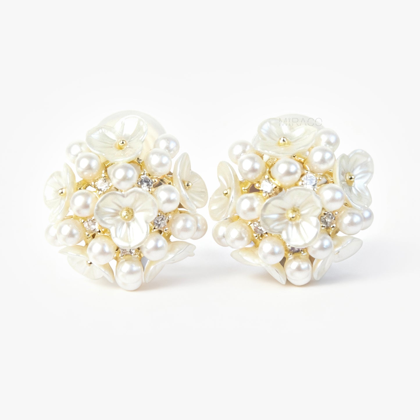 Fairy Pearls Flower Stud Earrings, Non Pierced Floral Ball Earrings Wedding Bridal Studs
