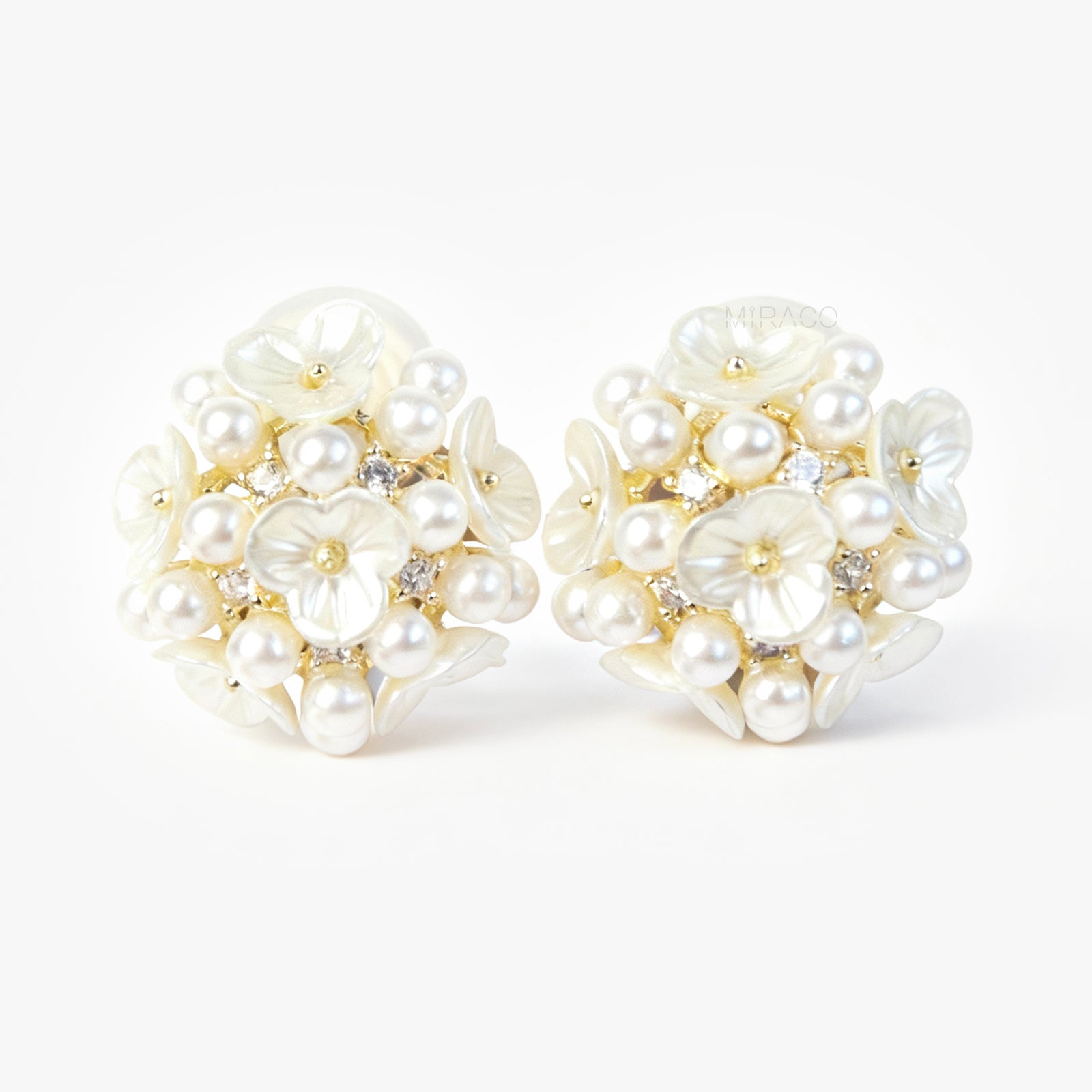Fairy Pearls Flower Stud Earrings, Non Pierced Floral Ball Earrings Wedding Bridal Studs