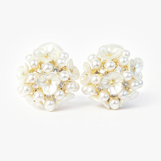 Fairy Pearls Flower Stud Earrings, Non Pierced Floral Ball Earrings Wedding Bridal Studs
