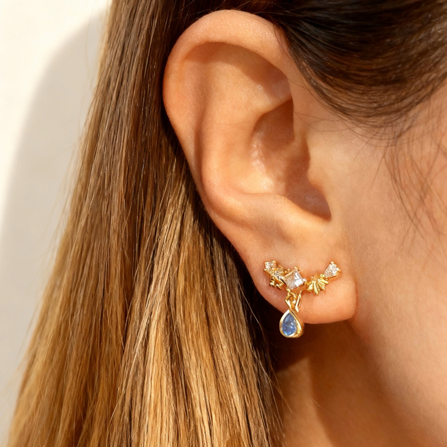 Gold Plated Climber CZ Clip On Earrings, Dainty Blue Gem Clip On Drop Ear Clips, Non Pierced Earrings