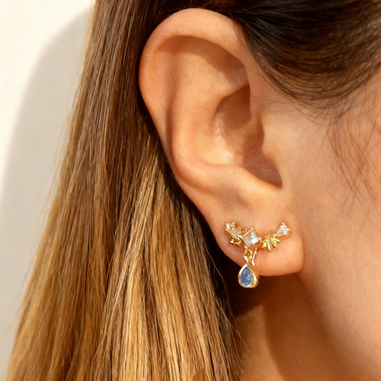 Gold Plated Climber CZ Clip On Earrings, Dainty Blue Gem Clip On Drop Ear Clips, Non Pierced Earrings