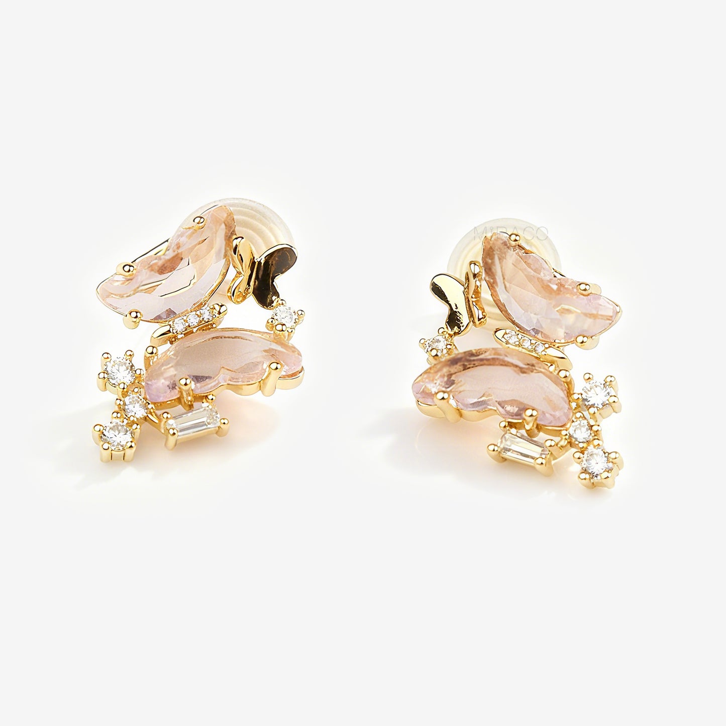 Clip On Pink Butterfly Earrings, Crystal Butterfly Stud Earrings, Fairy Insect Diamond Clip On Stud, Gold and Pink Non Pierced Earrings