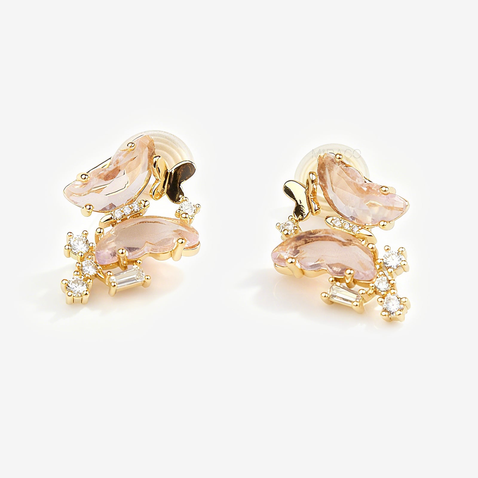 Clip On Pink Butterfly Earrings, Crystal Butterfly Stud Earrings, Fairy Insect Diamond Clip On Stud, Gold and Pink Non Pierced Earrings