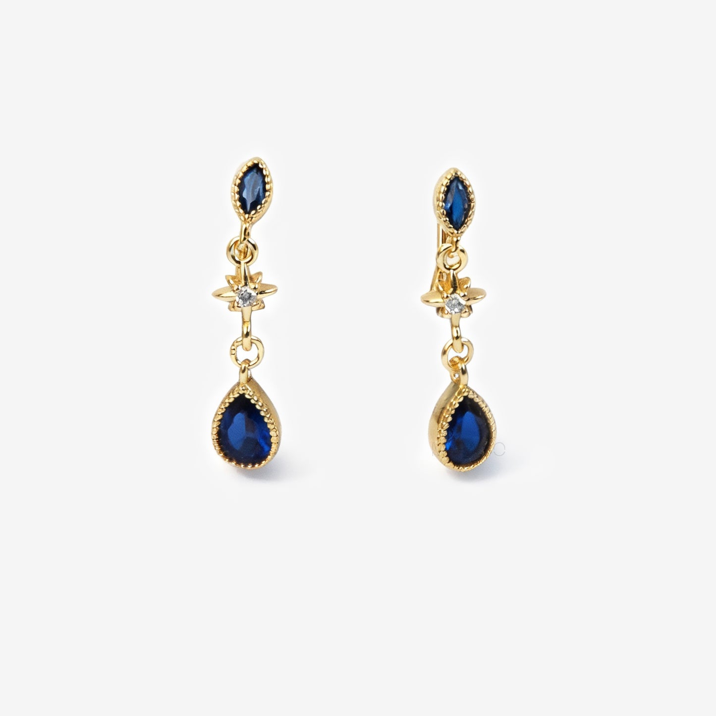 Gold Plated CZ Clip On Earrings, Dainty Navy Gem Clip On Drop Ear Clips, Non Pierced Earrings