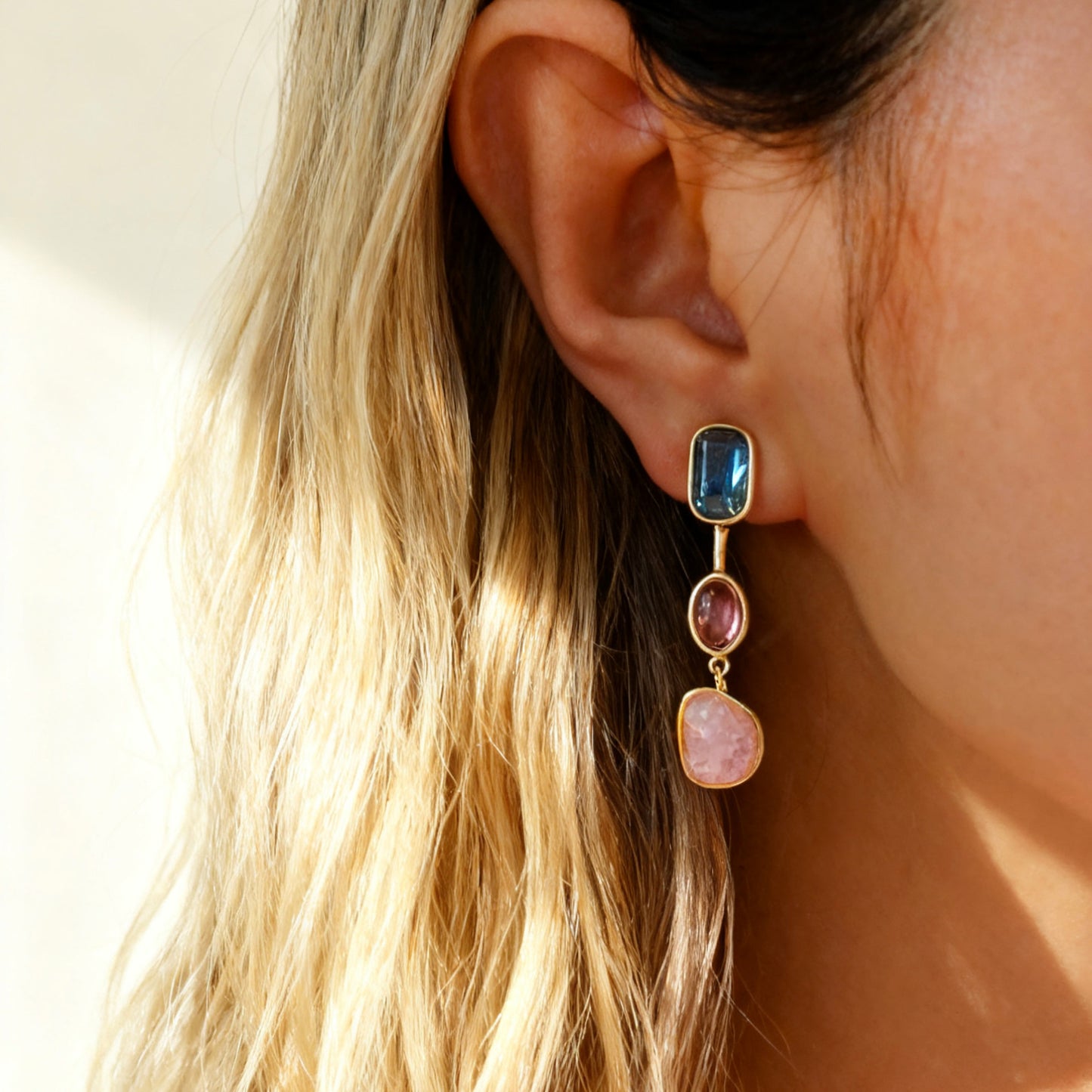 Clip On Dangle Earrings, Colourful Crystal Dangle and Drop Earring, Pink Stone Non Pierced earrings, Pair of earrings with multicolored gemstones