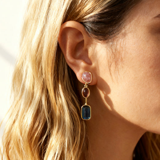 Clip On Dangle Earrings, Colourful Crystal Dangle and Drop Earring, Pink Stone Non Pierced earrings, Pair of earrings with multicolored gemstones