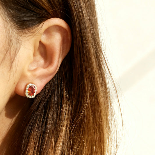 Non-Pierced Earrings with Red Gemstones, Red Crystal Stud Earrings with Gold Pave Crystal Diamonds