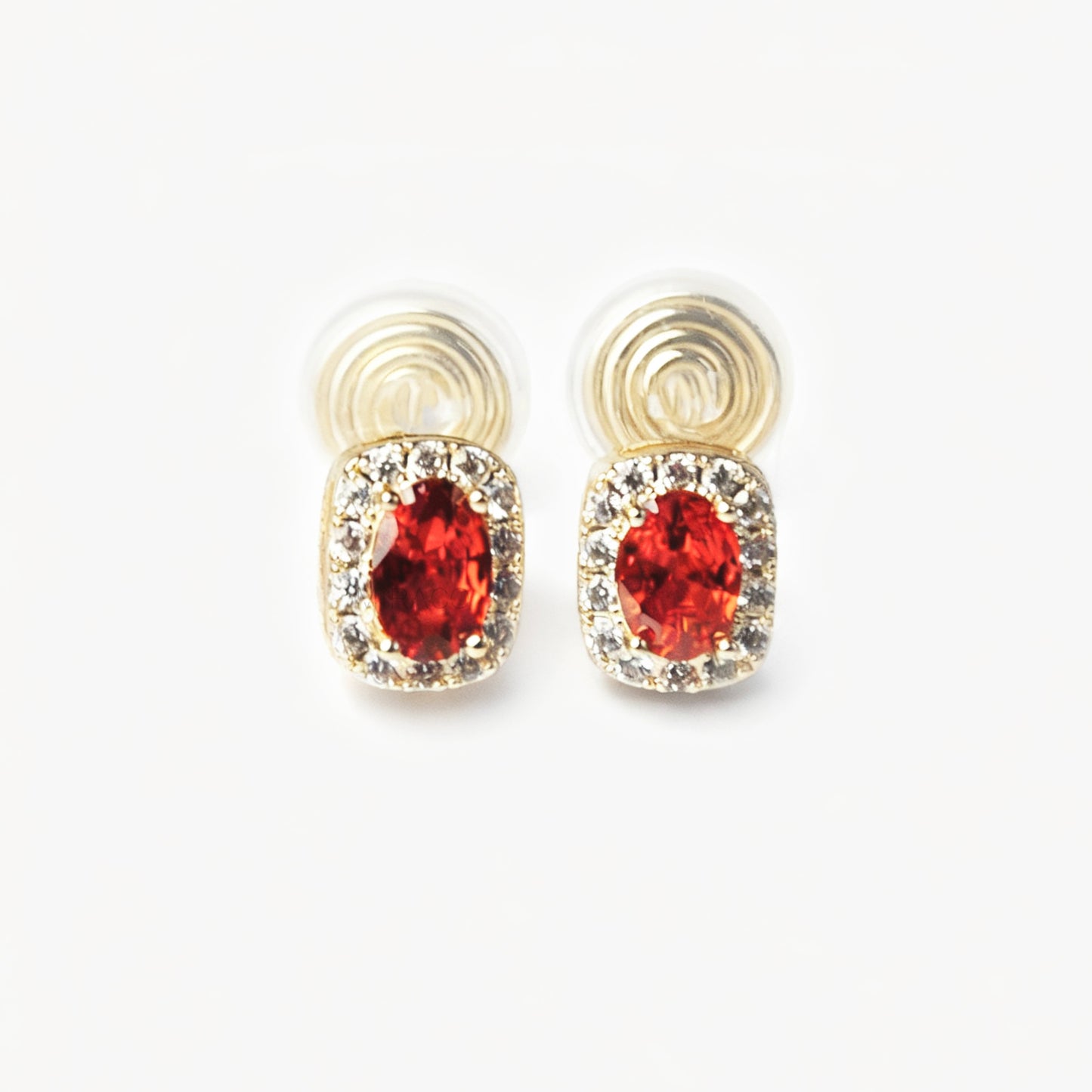 Non-Pierced Earrings with Red Gemstones, Red Crystal Stud Earrings with Gold Pave Crystal Diamonds