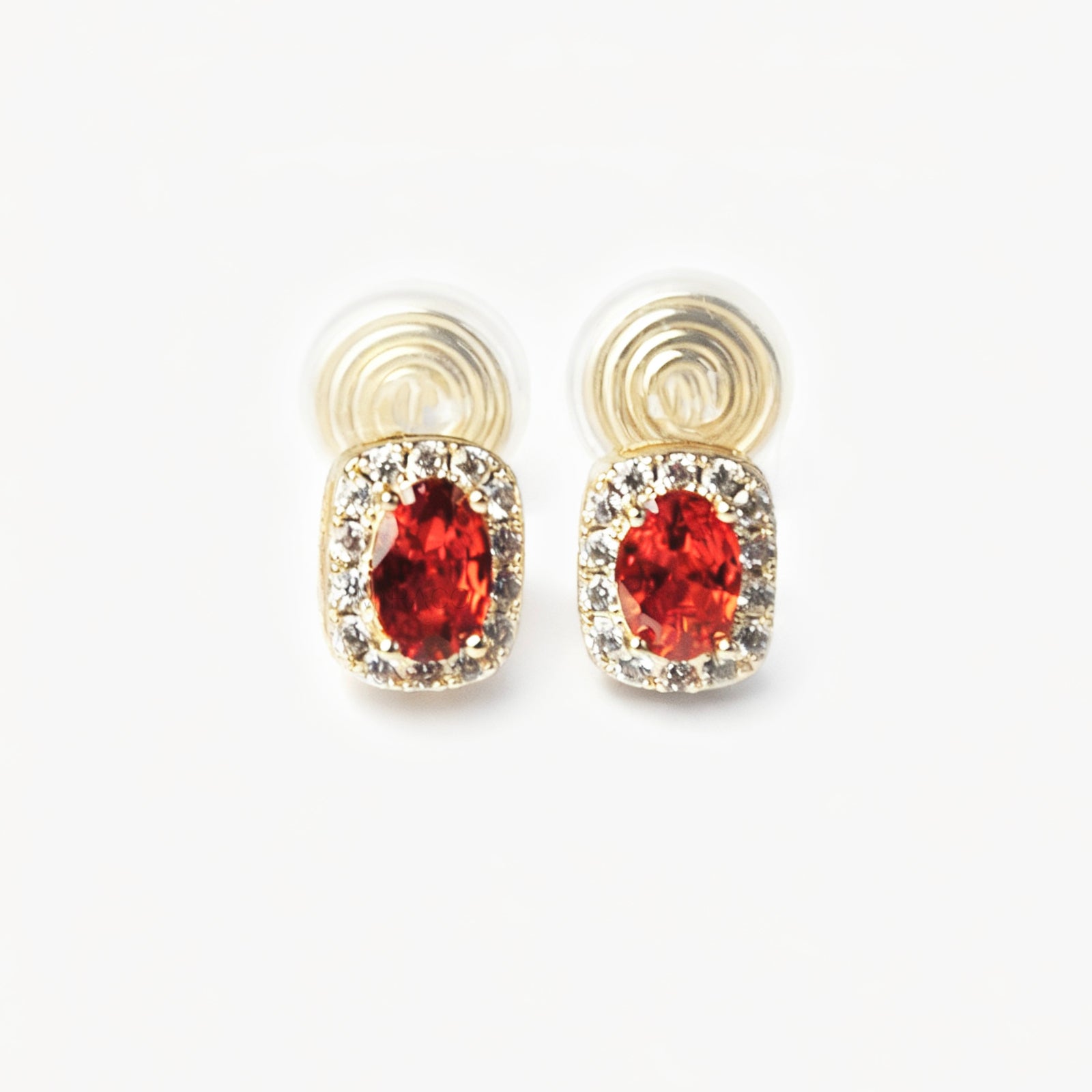 Non-Pierced Earrings with Red Gemstones, Red Crystal Stud Earrings with Gold Pave Crystal Diamonds