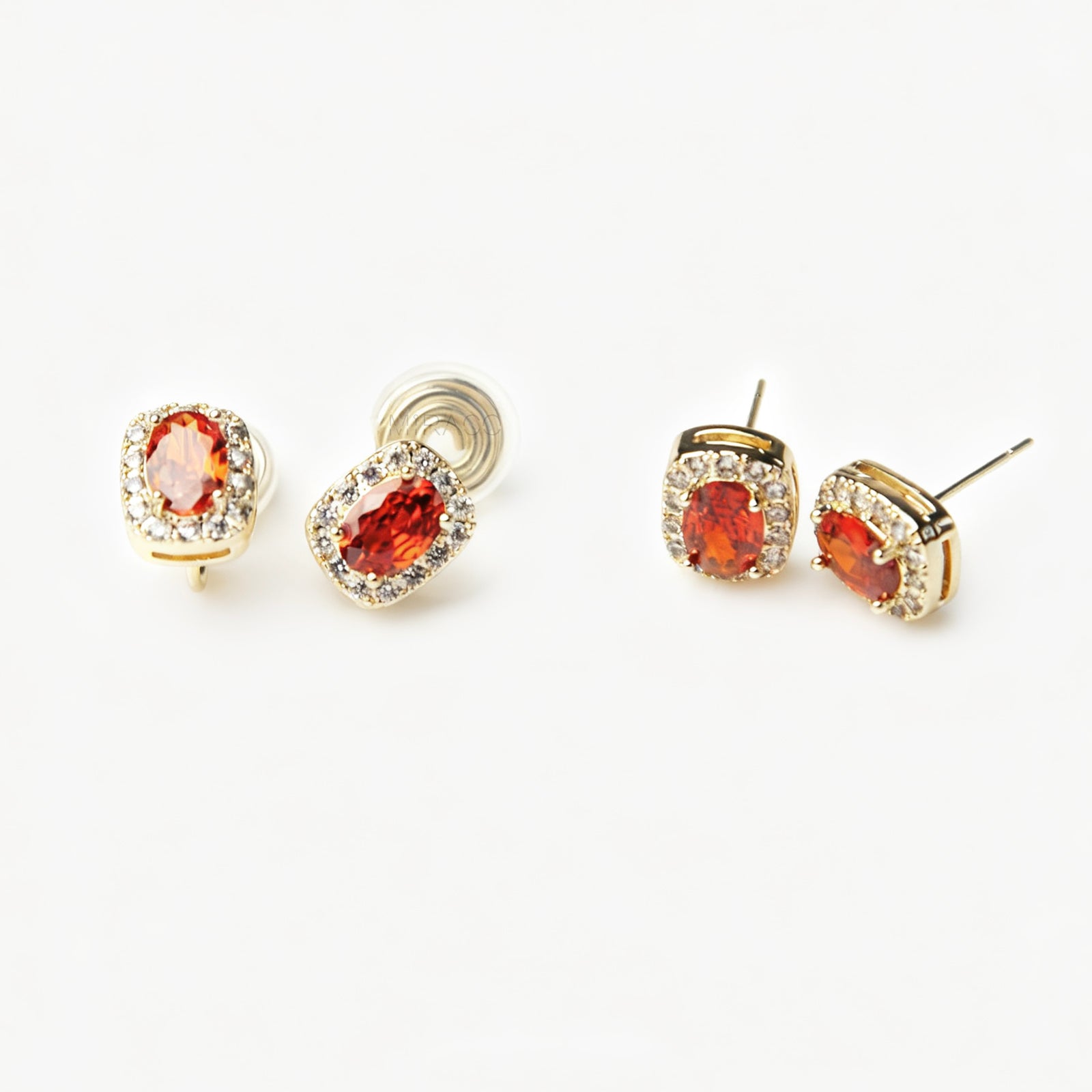 Non-Pierced Earrings with Red Gemstones, Red Crystal Stud Earrings with Gold Pave Crystal Diamonds