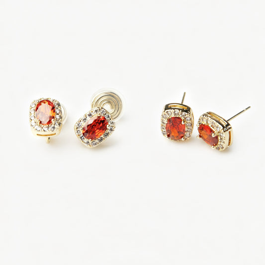 Non-Pierced Earrings with Red Gemstones, Red Crystal Stud Earrings with Gold Pave Crystal Diamonds