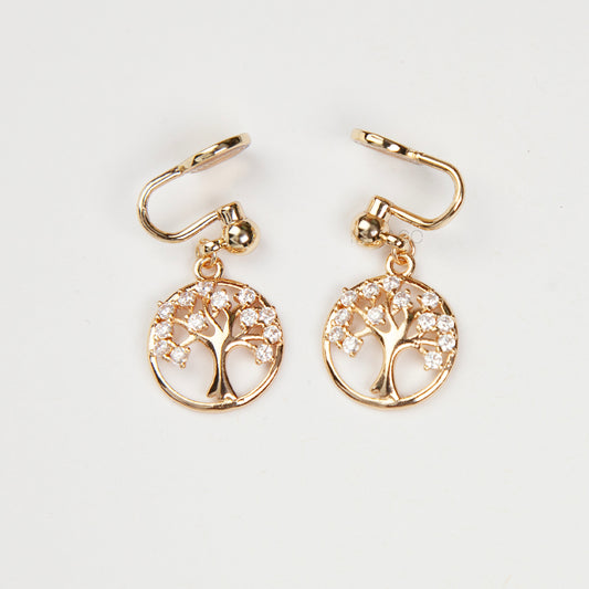 Tree of Life Clip-On Earrings – Gold Crystal Charm with Comfortable Coil Back
