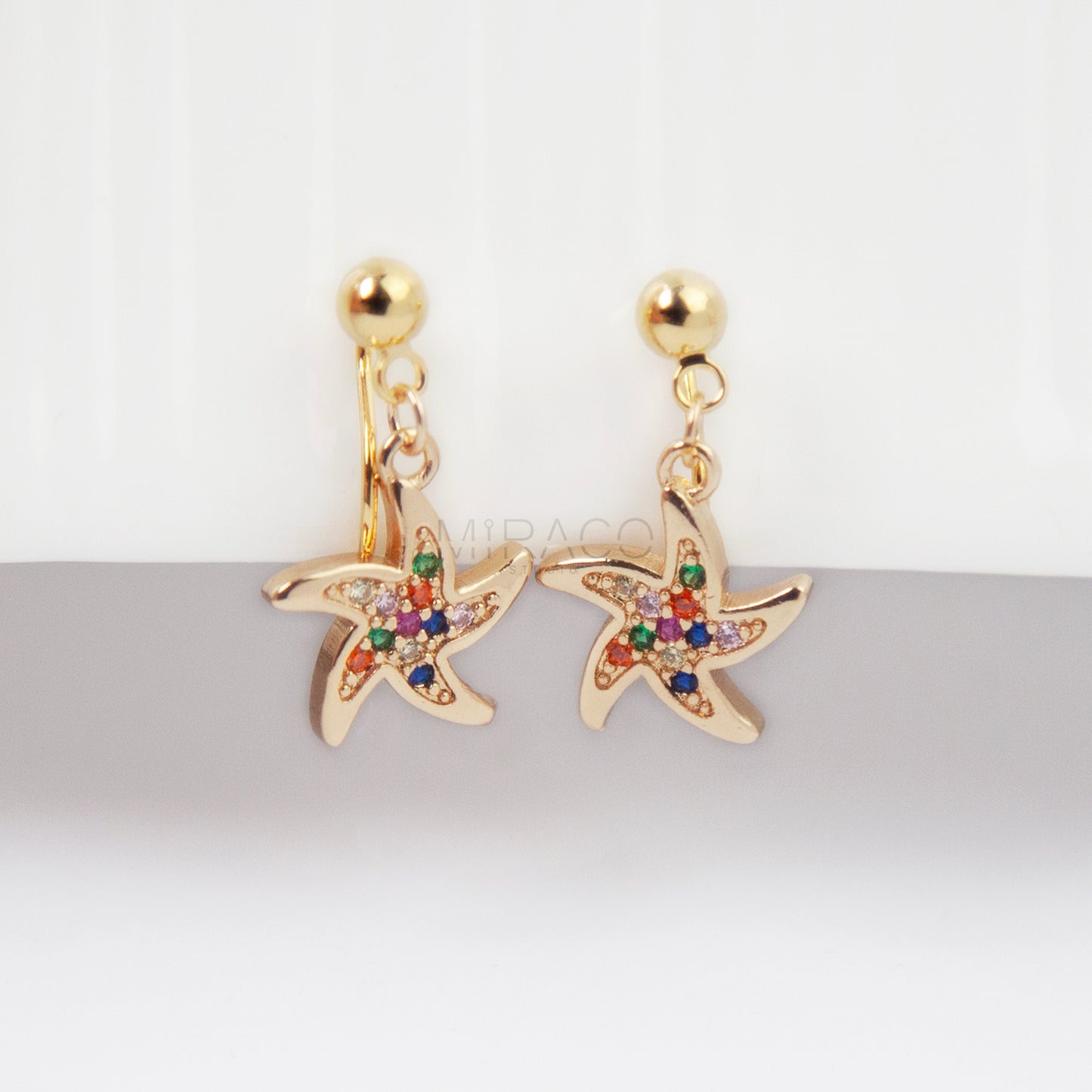 Gold Star Dangle Clip-On Earrings with Colourful Crystal Diamonds 