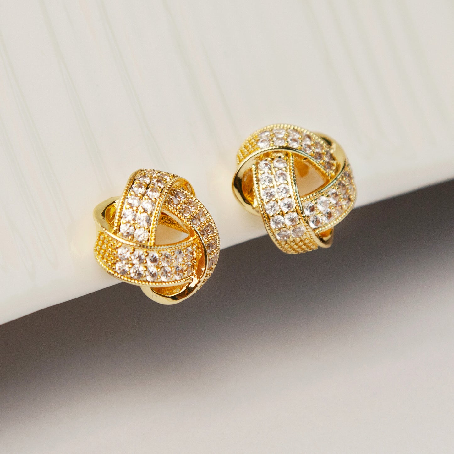 Gold-Tone Knot Stud Earrings, Twist Circle Diamond Studs, Minimalist Non Pierced Bridal Studs