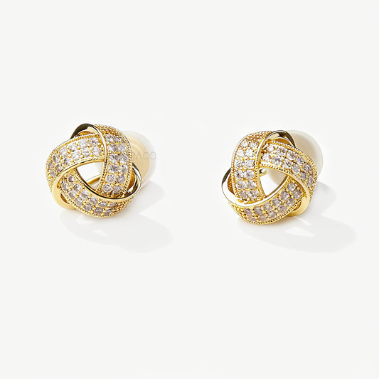 Gold-Tone Knot Stud Earrings, Twist Circle Diamond Studs, Minimalist Non Pierced Bridal Studs