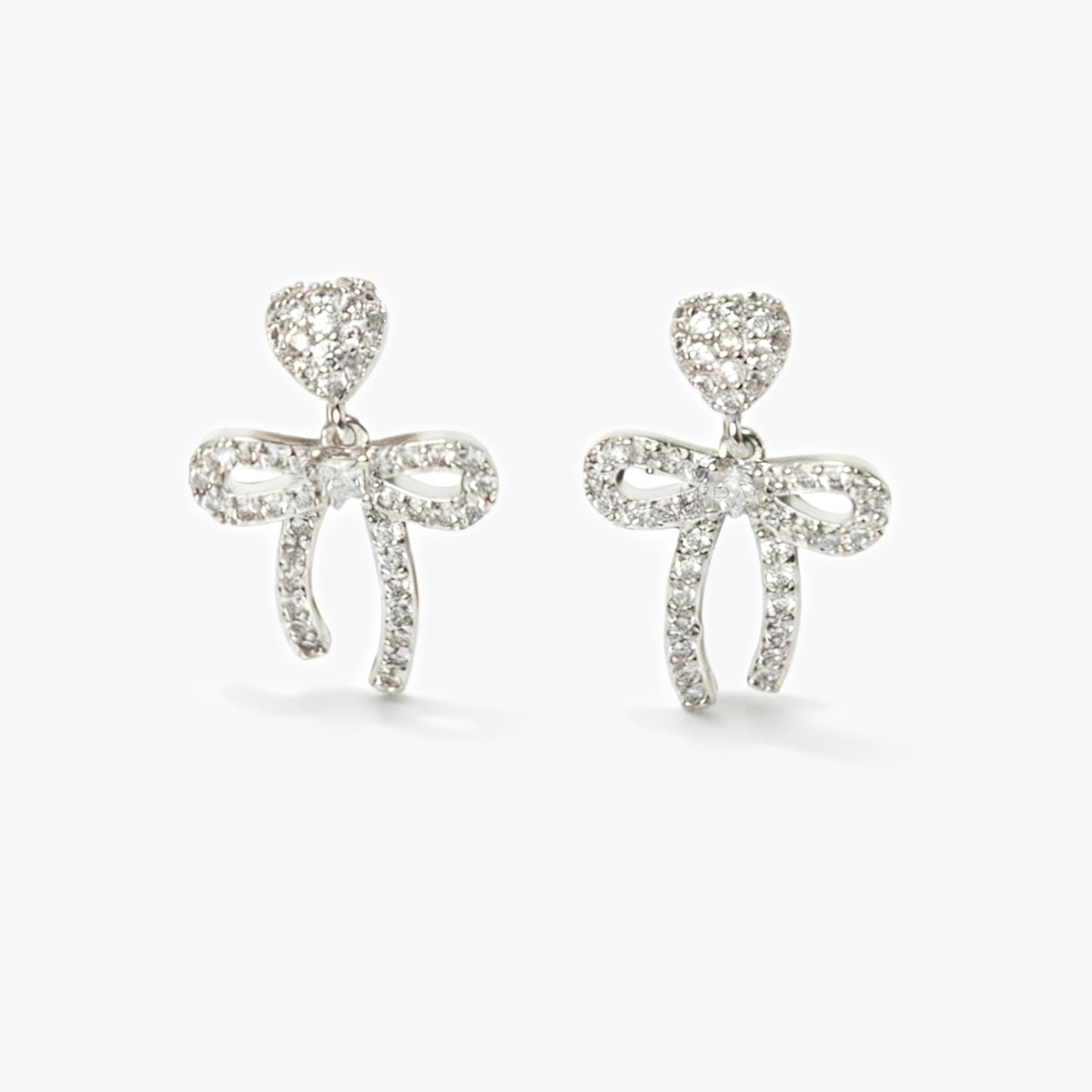 Silver Bowknot Dangle Earrings With Pave Diamonds, Non Pierced Heart Bow Clip-on Party Bridal Earrings
