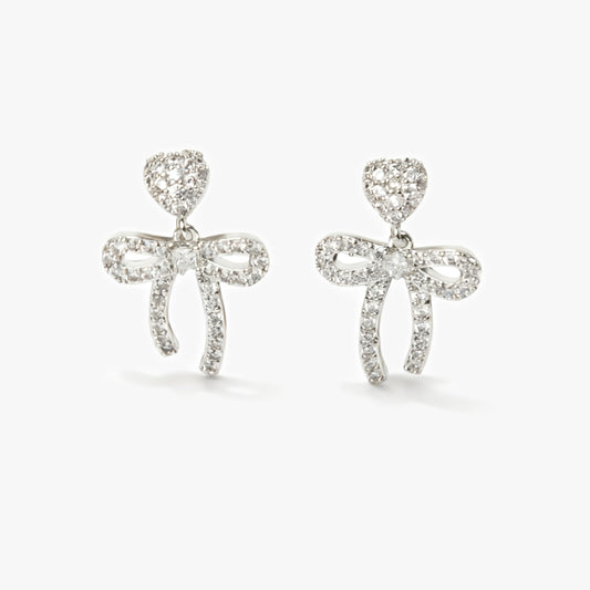 Silver Bowknot Dangle Earrings With Pave Diamonds, Non Pierced Heart Bow Clip-on Party Bridal Earrings