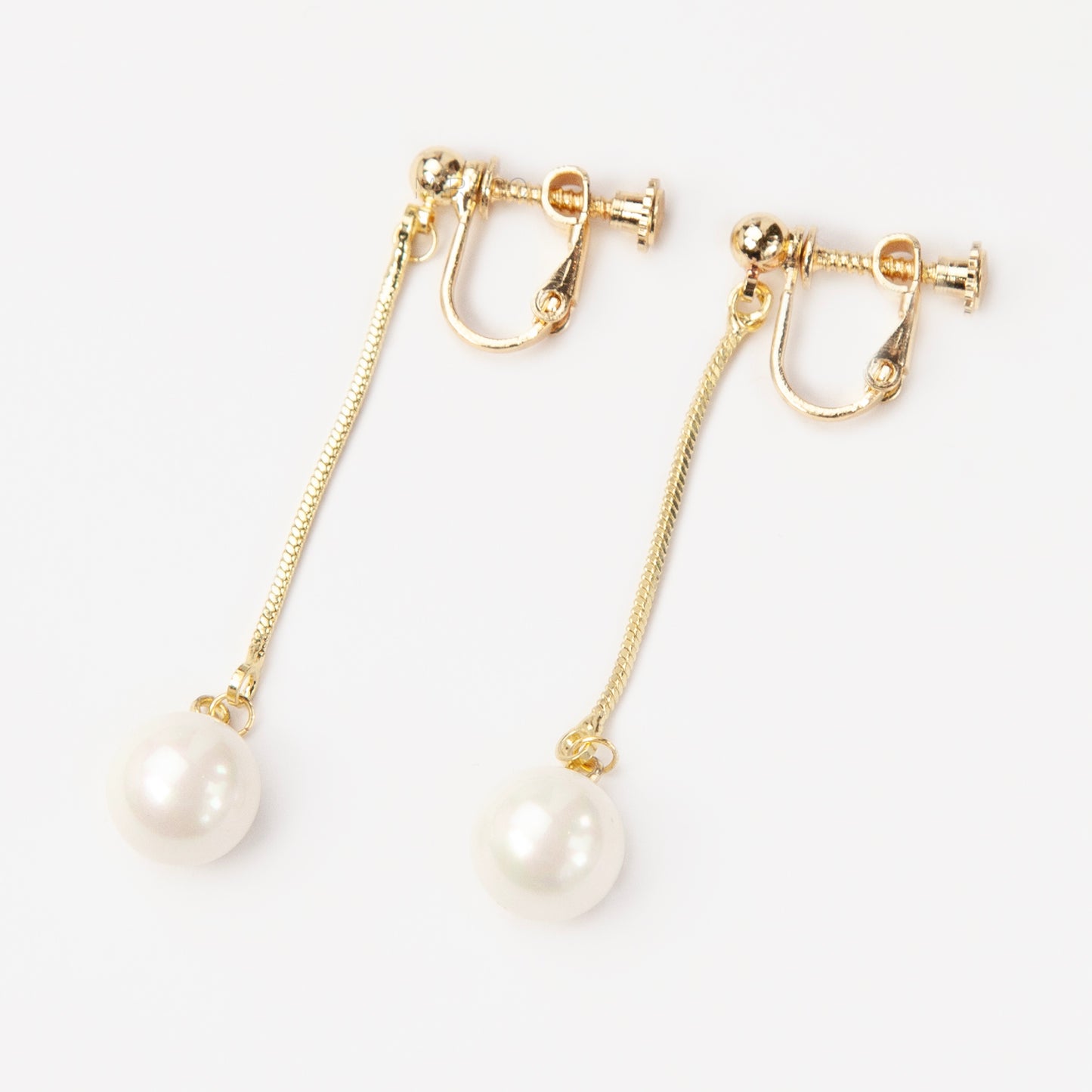 Gold Long Pearl Drop Clip-On Earrings