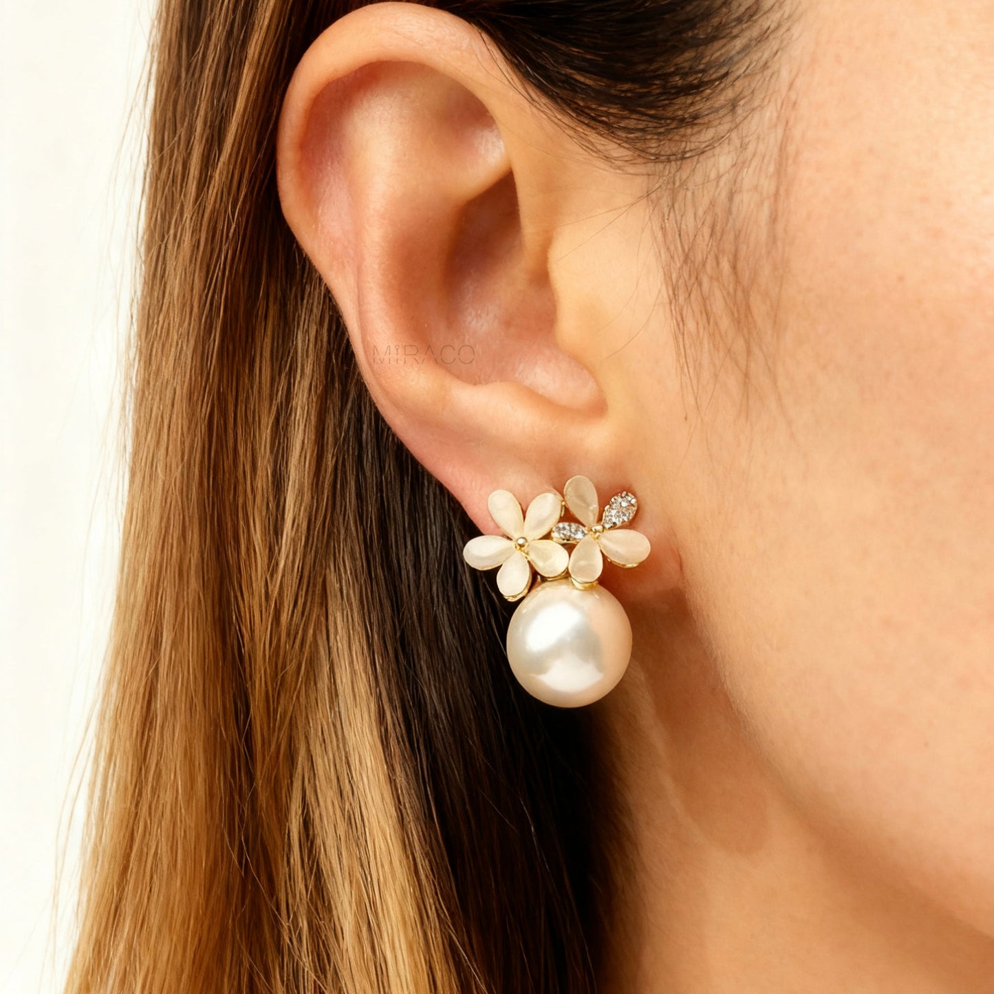 Non Pierced Earrings, Bridal White Pearls Studs, Gold Wedding Large Pearl Flower Earrings