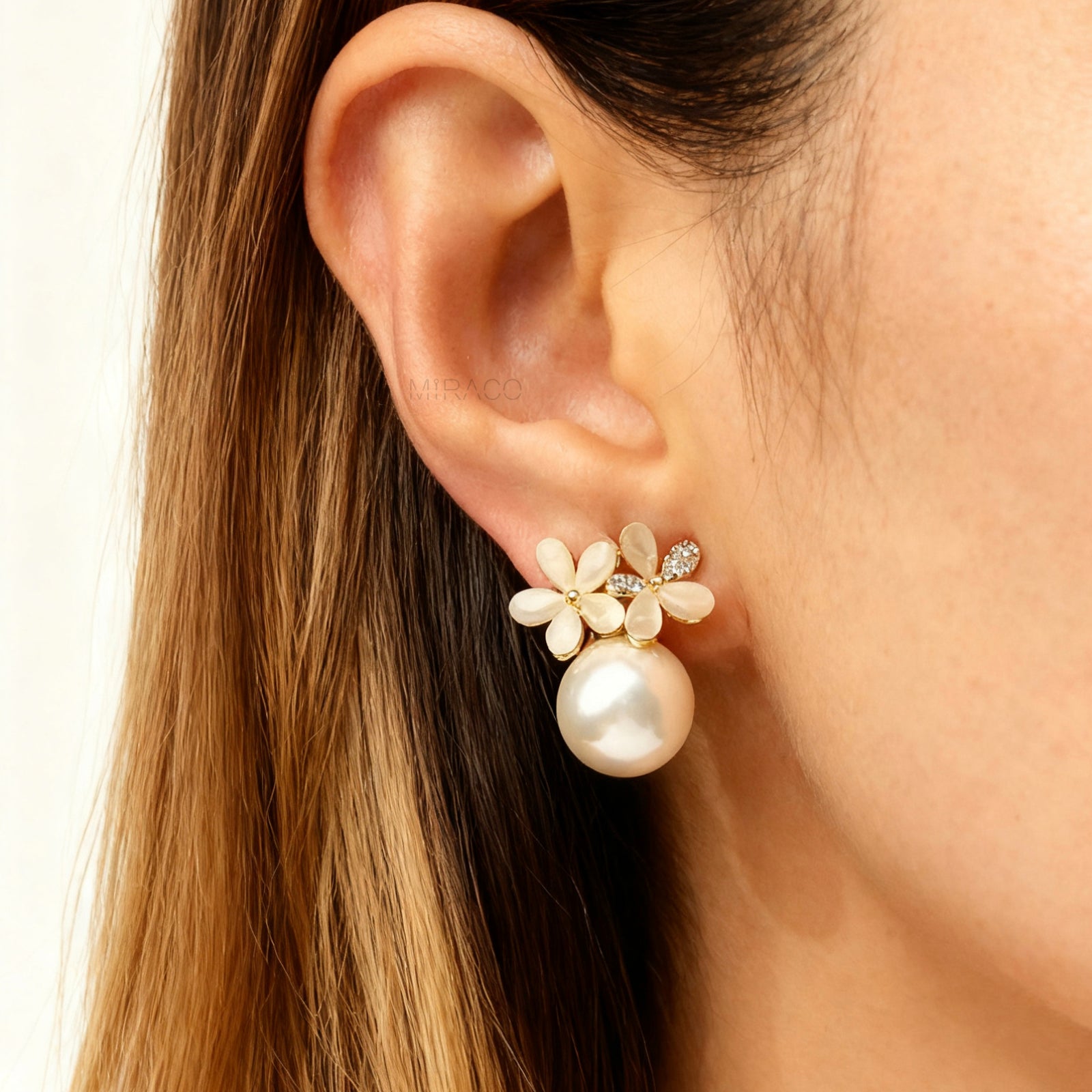 Non Pierced Earrings, Bridal White Pearls Studs, Gold Wedding Large Pearl Flower Earrings