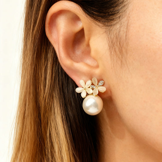 Non Pierced Earrings, Bridal White Pearls Studs, Gold Wedding Large Pearl Flower Earrings