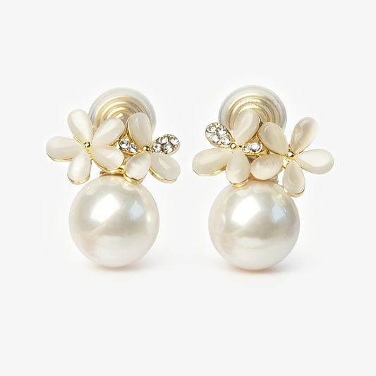 Non Pierced Earrings, Bridal White Pearls Studs, Gold Wedding Large Pearl Flower Earrings