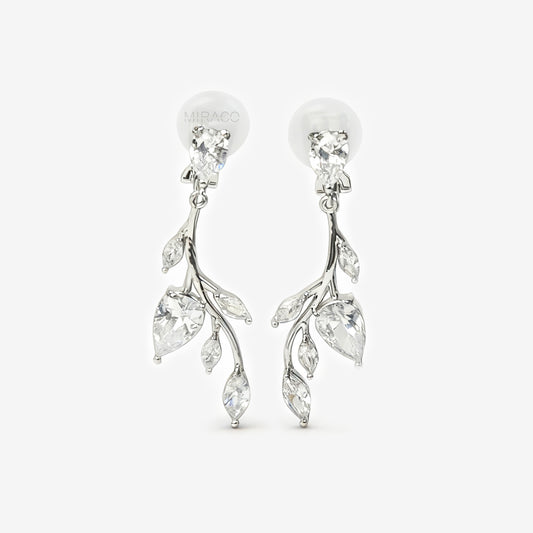 Pair of silver-tone vine leaf dangle clip-on earrings with Mini-Clip closure and sparkling Cubic Zirconia stones.