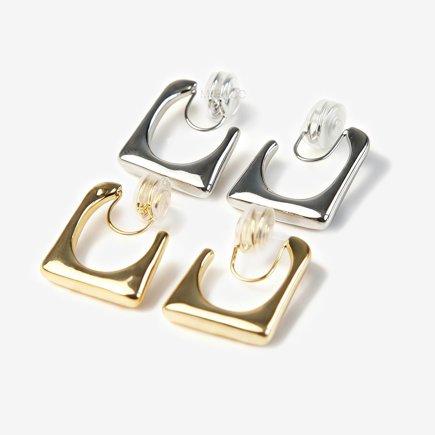 geometric open square clip-on earrings, two silver-tone and two gold-tone, featuring the comfortable Spring Coil Back clip.