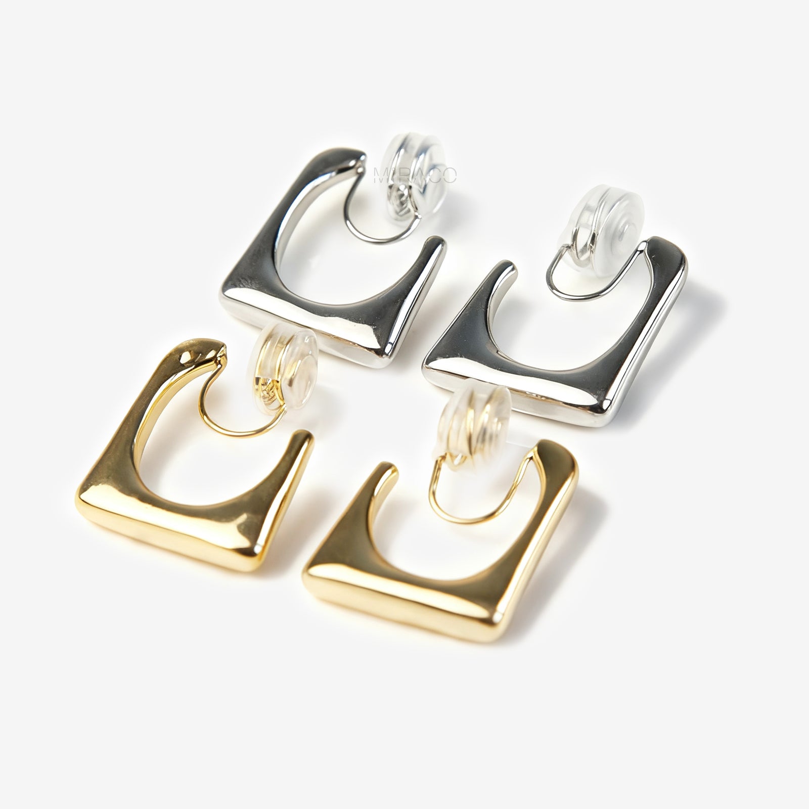 geometric open square clip-on earrings, two silver-tone and two gold-tone, featuring the comfortable Spring Coil Back clip.