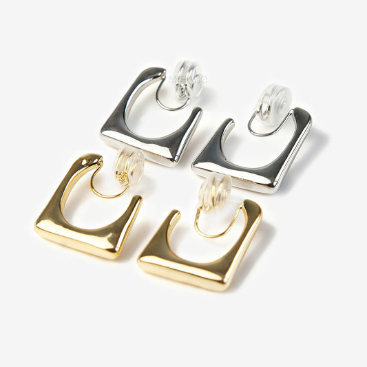 geometric open square clip-on earrings, two silver-tone and two gold-tone, featuring the comfortable Spring Coil Back clip.