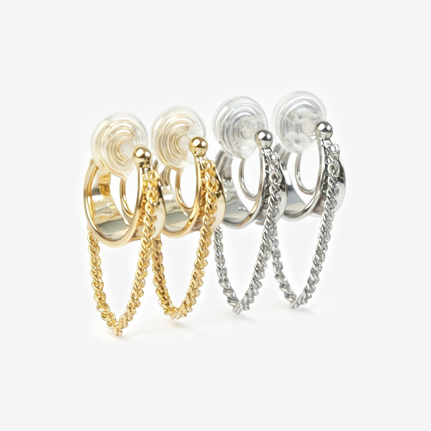 Hoop Clip-On Earrings with a Draped Chain, two in gold-tone and two in silver-tone, showing the Spring Coil Back.
