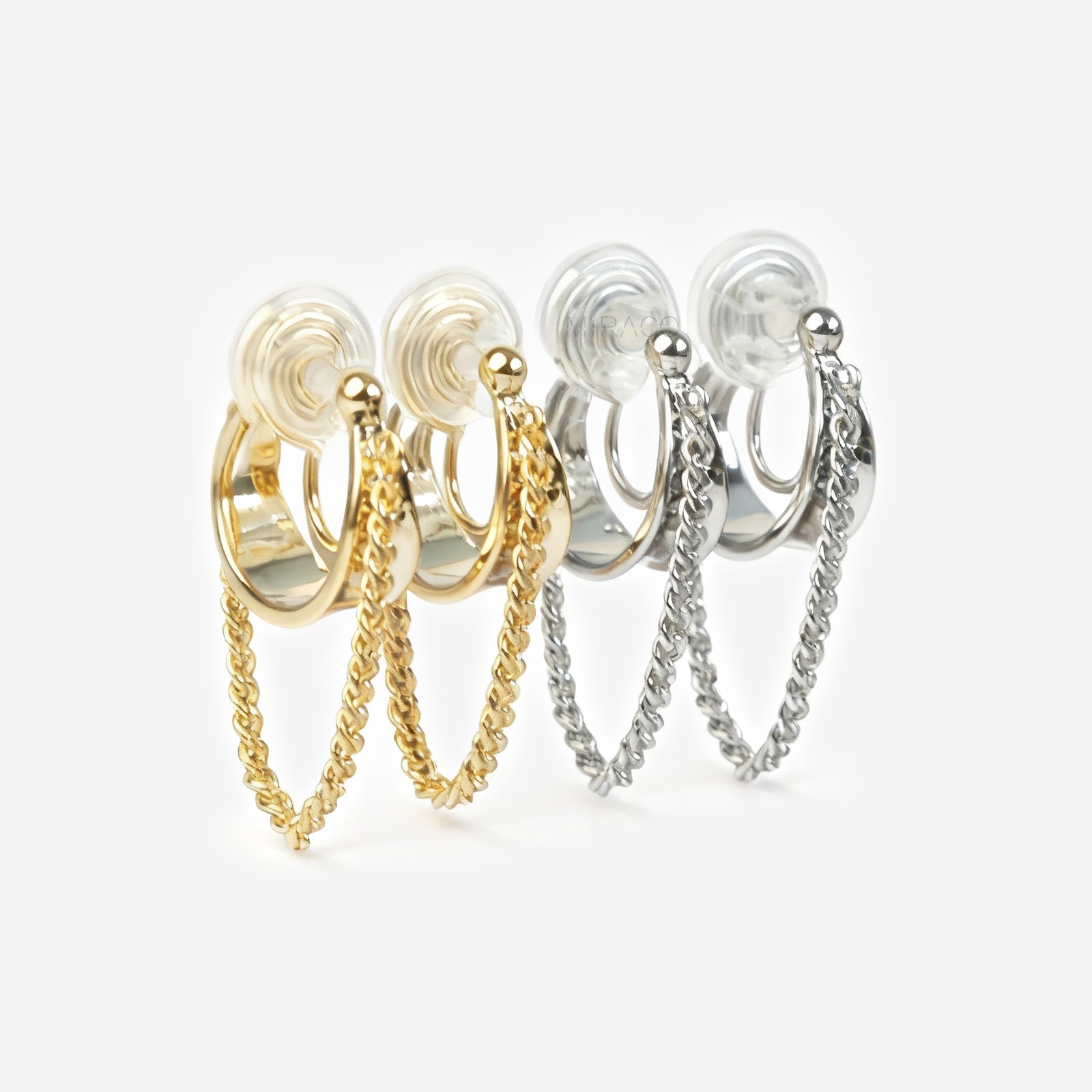Hoop Clip-On Earrings with a Draped Chain, two in gold-tone and two in silver-tone, showing the Spring Coil Back.