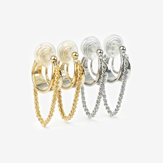 Hoop Clip-On Earrings with a Draped Chain, two in gold-tone and two in silver-tone, showing the Spring Coil Back.