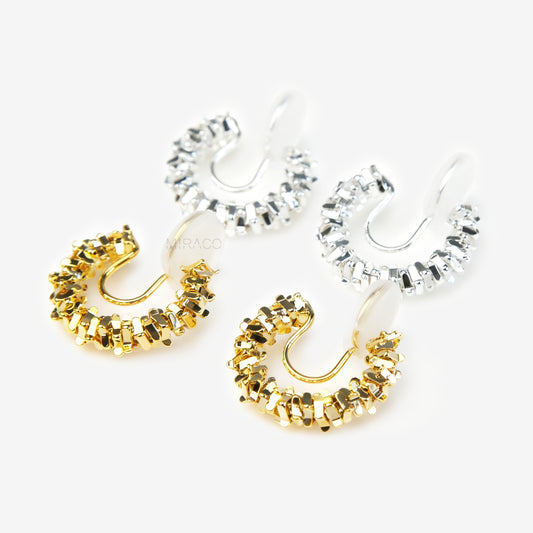 Cube Beaded Hoop Earrings Gold or Silver, Simple Geometric Small Huggies Non Pierced Earrings Ear Clips