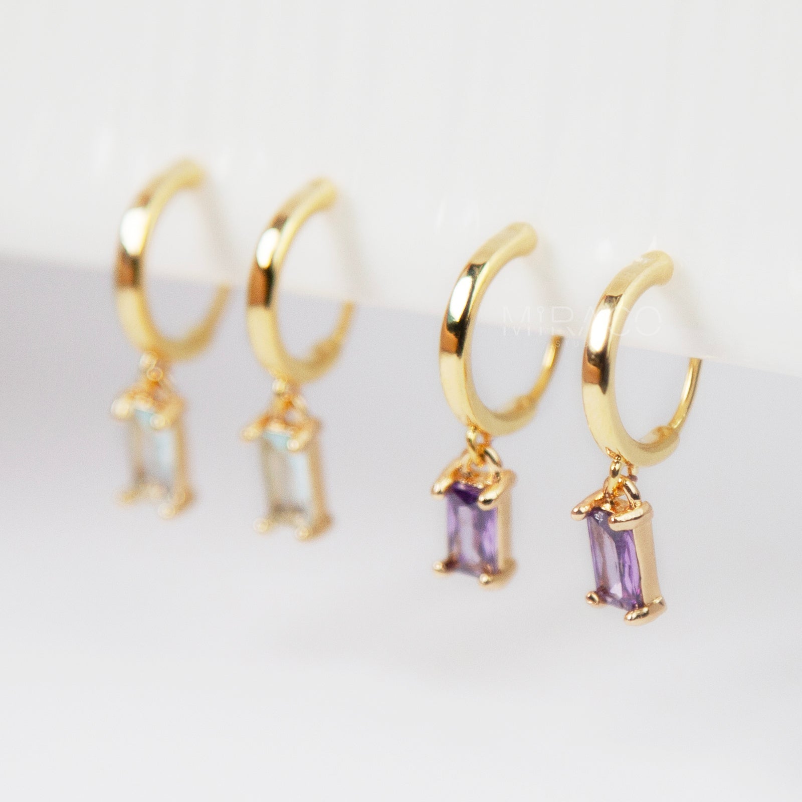 Minimalist Dangle Crystal Earrings, Dangle Hoop Non Pierced Earrings, Purple or Light Blue Stones, Clip On Dangle Earrings
