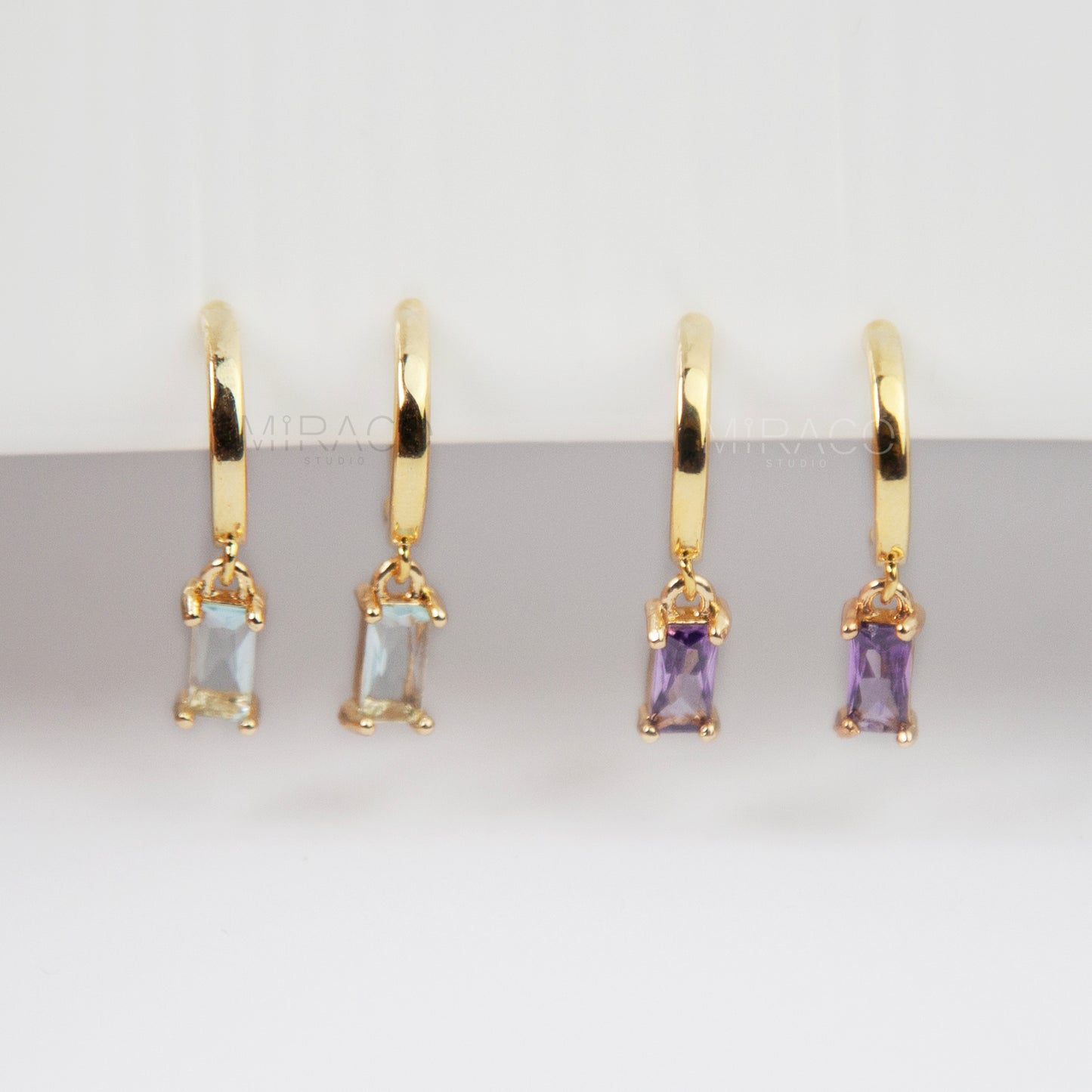 Minimalist Dangle Crystal Earrings, Dangle Hoop Non Pierced Earrings, Purple or Light Blue Stones, Clip On Dangle Earrings