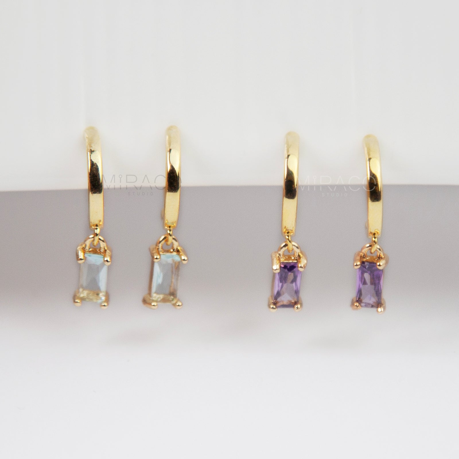 Minimalist Dangle Crystal Earrings, Dangle Hoop Non Pierced Earrings, Purple or Light Blue Stones, Clip On Dangle Earrings