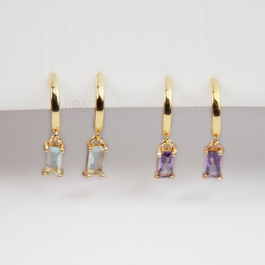 Minimalist Dangle Crystal Earrings, Dangle Hoop Non Pierced Earrings, Purple or Light Blue Stones, Clip On Dangle Earrings