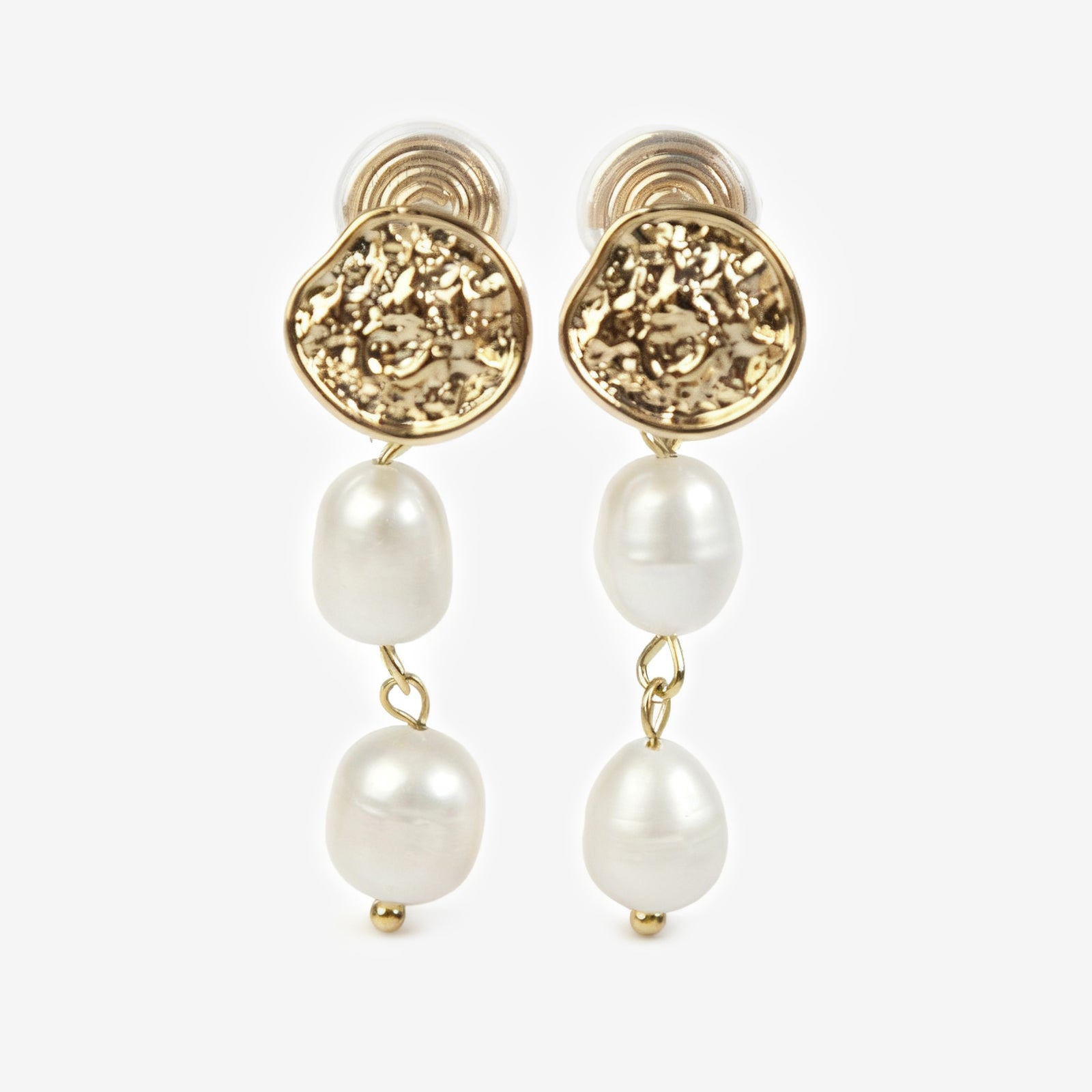 Clip On Pearls Earrings, Non Pierced Dangle Earrings With Double Freshwater Pearls, Genuine Pearls Dangle Drop Earrings with Gold Coin