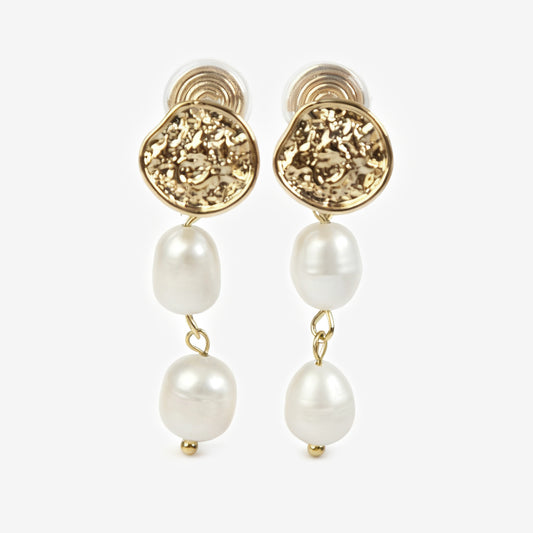 Clip On Pearls Earrings, Non Pierced Dangle Earrings With Double Freshwater Pearls, Genuine Pearls Dangle Drop Earrings with Gold Coin