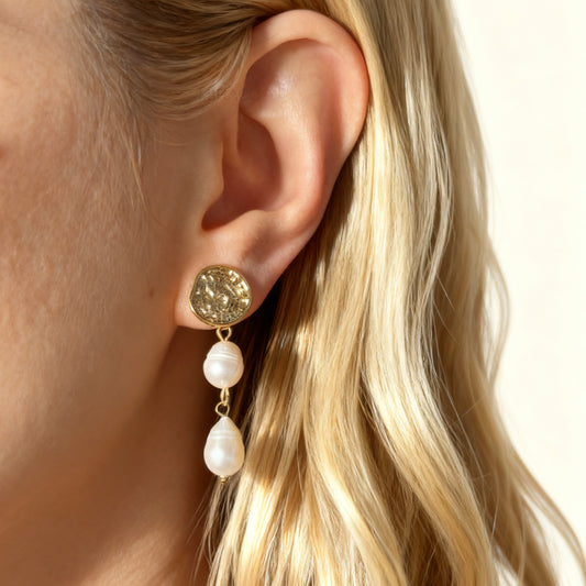 Clip On Pearls Earrings, Non Pierced Dangle Earrings With Double Freshwater Pearls, Genuine Pearls Dangle Drop Earrings with Gold Coin