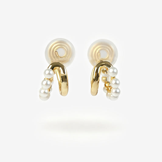 Gold Plated Pearl Hoop Earrings, Timeless Clip On Small Pearls Huggie Earrings, Cream White Twisty Double Huggie Hoops, No Piercing Earrings